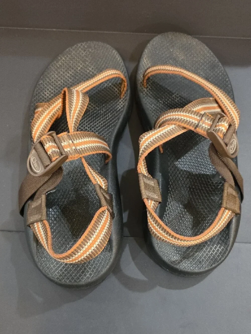 Chaco Men's Vibram Black Sandals with Brown and Orange Straps